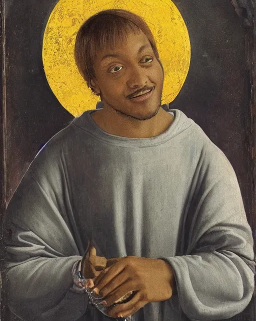 Image similar to rapper juice wrld legend rockstar smiling with a yellow halo above his head by fra angelico renaissance painting