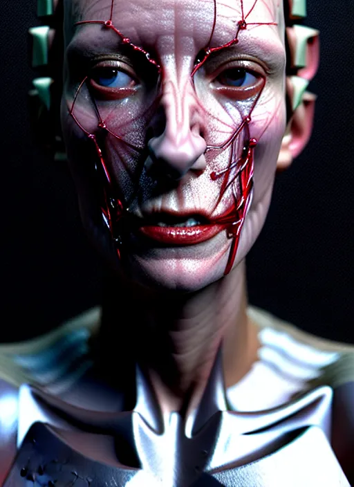 Image similar to 3 / 4 portrait, queen, crown, translucent skin, visible muscle and bones and veins and nerves, hyperrealism, detailed textures, photorealistic, 3 d cyberpunk apocalyptic city, futuristic clothing and helmet, ultra realistic, cinematic, intricate, cinematic light, unreal engine 8 k, octane render, unreal engine by david kostic and stanley lau and artgerm