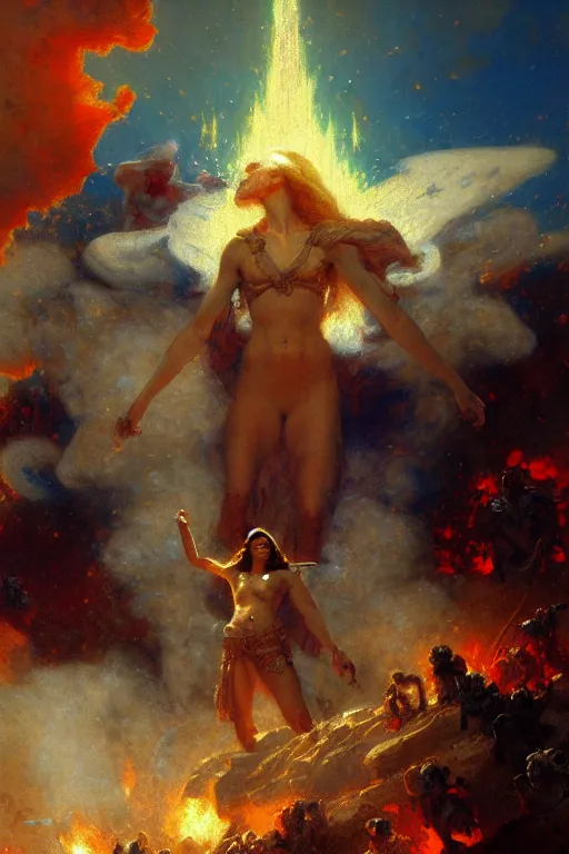 Prompt: War between heaven and hell, painting by Gaston Bussiere, Craig Mullins