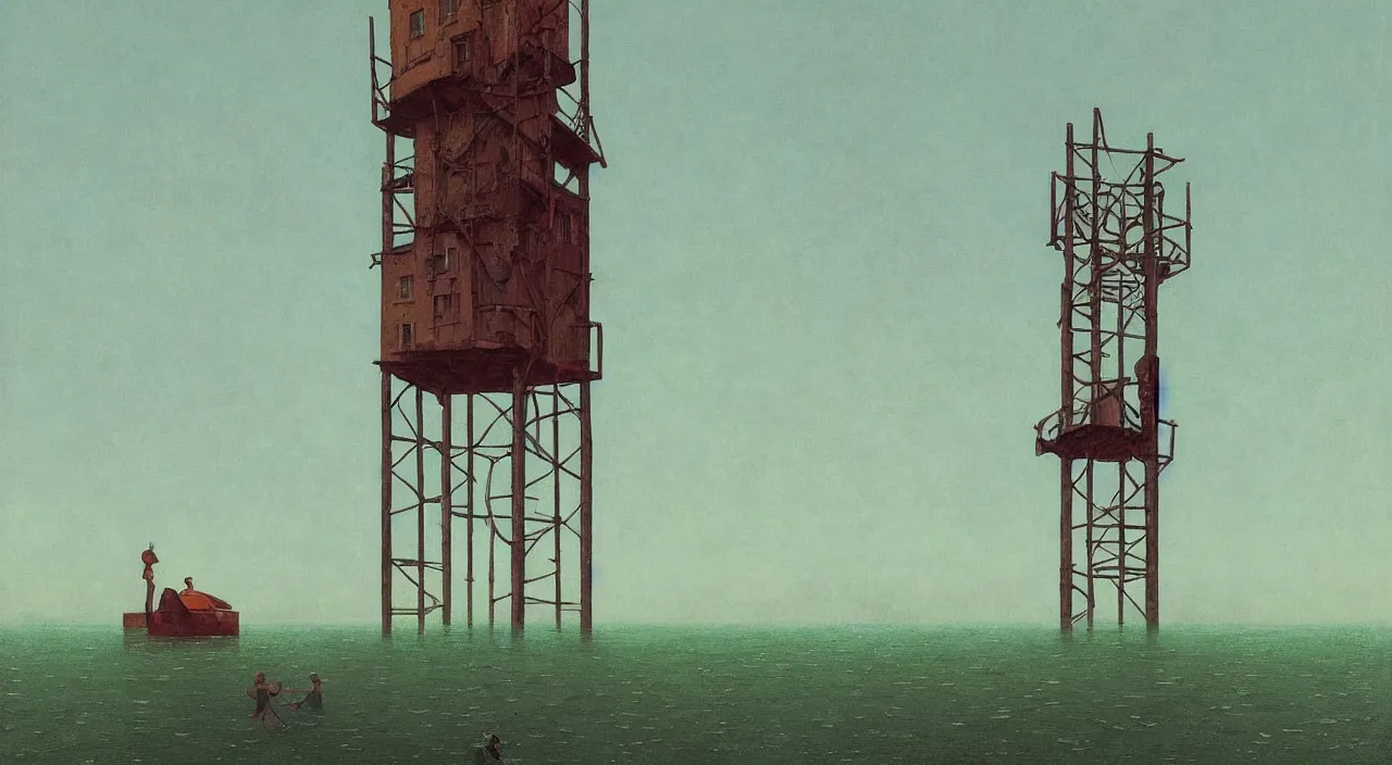 Prompt: single flooded simple ancient steel tower, very coherent and colorful high contrast!! masterpiece by rene magritte simon stalenhag carl spitzweg syd mead norman rockwell edward hopper james gilleard, minimalist, dark shadows, sunny day, hard lighting