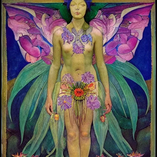 Image similar to the flower god, by Annie Swynnerton and Nicholas Roerich and Diego Rivera, bioluminescent skin, tattoos, wings made out of flowers, elaborate costume, geometric ornament, symbolist, cool colors like blue and green and violet, smooth, sharp focus, extremely detailed