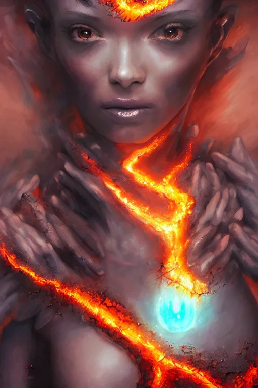 Prompt: torso closeup model wearing exploding lava dress, sorcerer, diamonds, angel, fantasy, dramatic lighting, highly detailed, digital painting, holding electricity, magic the gathering, hyper detailed, 3 d render, hyper realistic detailed portrait, peter mohrbacher, wlop, ruan jia