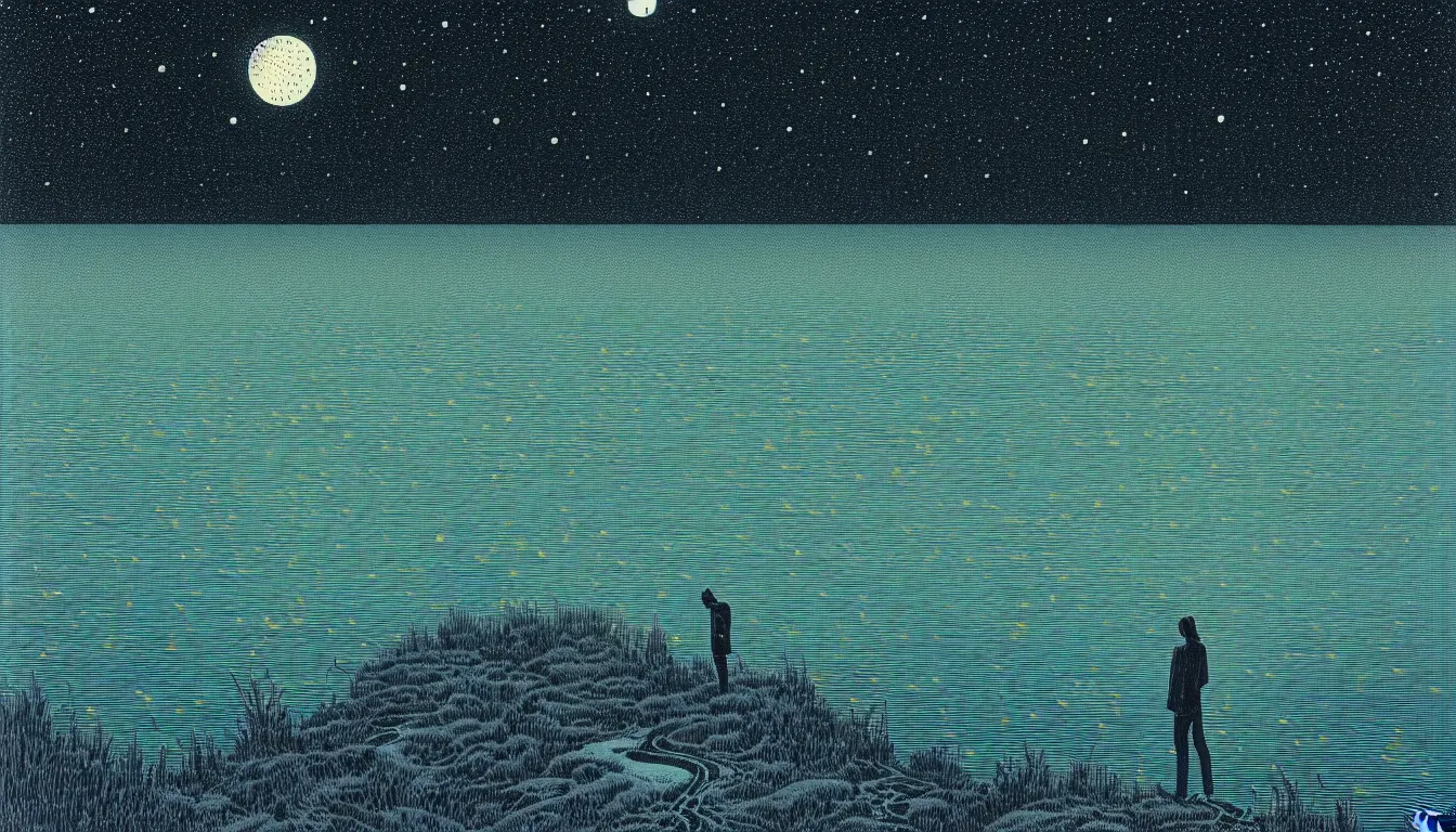 Image similar to standing at the edge of a lake looking at reflections of the night sky by nicolas delort, moebius, victo ngai, josan gonzalez, kilian eng