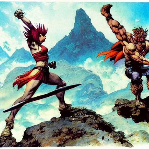 Image similar to crono stands atop a mountain of as marle and ayla clutch his legs, epic painting by frank frazetta