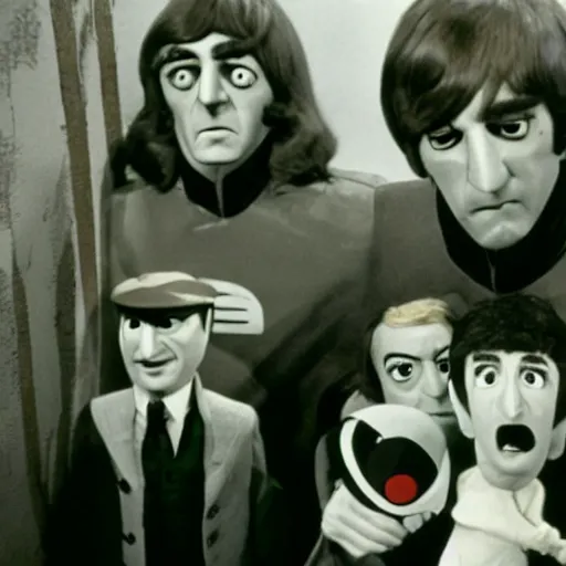 Image similar to stills from puppets movie by gerry anderson aboutt the beatles, vintage film, 1 9 6 0 s