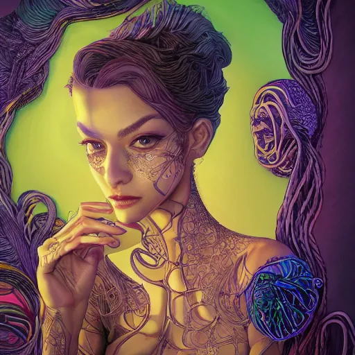 Image similar to the portrait of an unbelievably beautiful woman partially made of onion rings, an ultrafine detailed illustration by james jean, final fantasy, intricate linework, bright colors, behance contest winner, vanitas, angular, altermodern, unreal engine 5 highly rendered, global illumination, radiant light, detailed and intricate environment