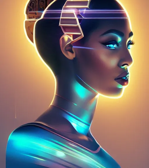 Image similar to symmetry!! egyptian princess of technology, solid cube of light, hard edges, product render retro - futuristic poster scifi, lasers and neon circuits, beautiful brown skin woman egyptian princess, intricate, elegant, highly detailed, digital painting, artstation, concept art, smooth, sharp focus, illustration, dreamlike, art by artgerm