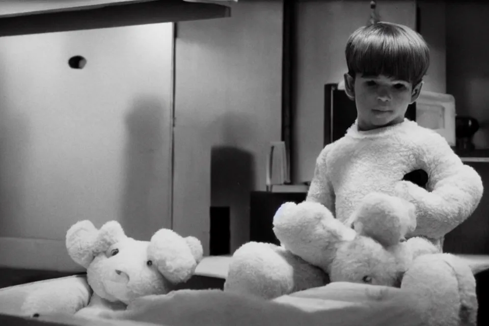 Image similar to a sad boy wearing a teddy bear costume standing behind a drawer still movie scene kubrick, moody, cinematic, lighting