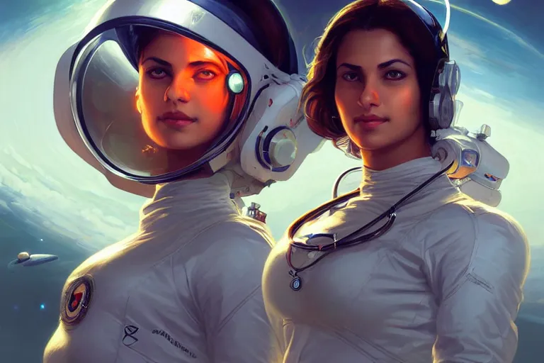 Image similar to Sensual beautiful female Aryan young Indian doctors wearing Deus Ex Human Revolution clothing in a space station above Earth, portrait, elegant, intricate, digital painting, artstation, concept art, smooth, sharp focus, illustration, art by artgerm and greg rutkowski and alphonse mucha