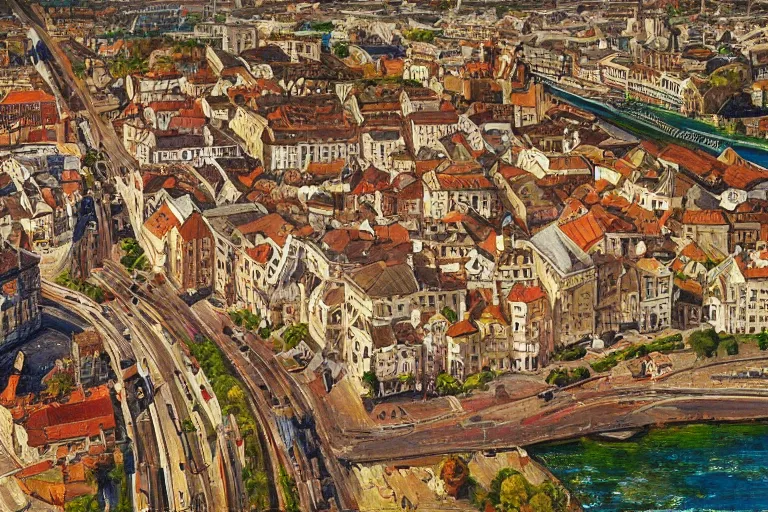 Prompt: drone view of an old european city, oil paining, very detailed, high resolution