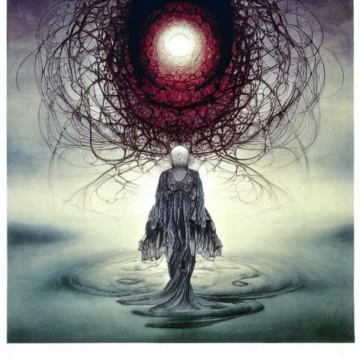 Image similar to simple concept art of, ‘ the old god ’. an award winning yoshitaka amano digital art poster, by james gurney and gerhard richter. art by takato yamamoto. masterpiece, deep colours.