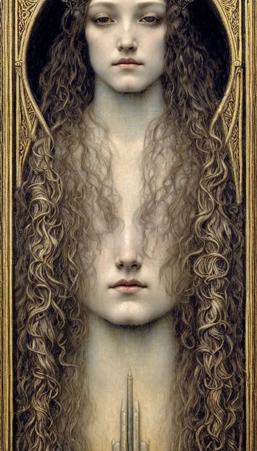 Image similar to detailed realistic beautiful young medieval queen face portrait by jean delville, gustave dore and marco mazzoni, art nouveau, symbolist, visionary, gothic, pre - raphaelite. horizontal symmetry