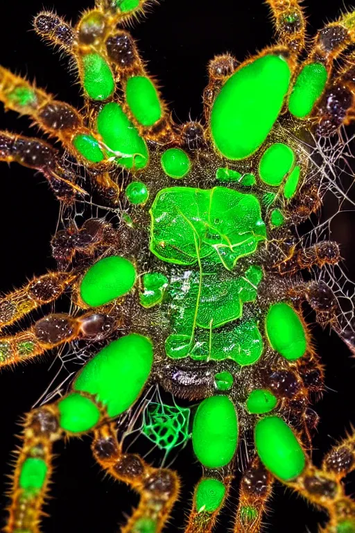 Prompt: high quality macro photo gelatinous spiders! gorgeous highly detailed hannah yata elson peter cinematic neon green lighting high quality low angle hd 8k sharp shallow depth of field