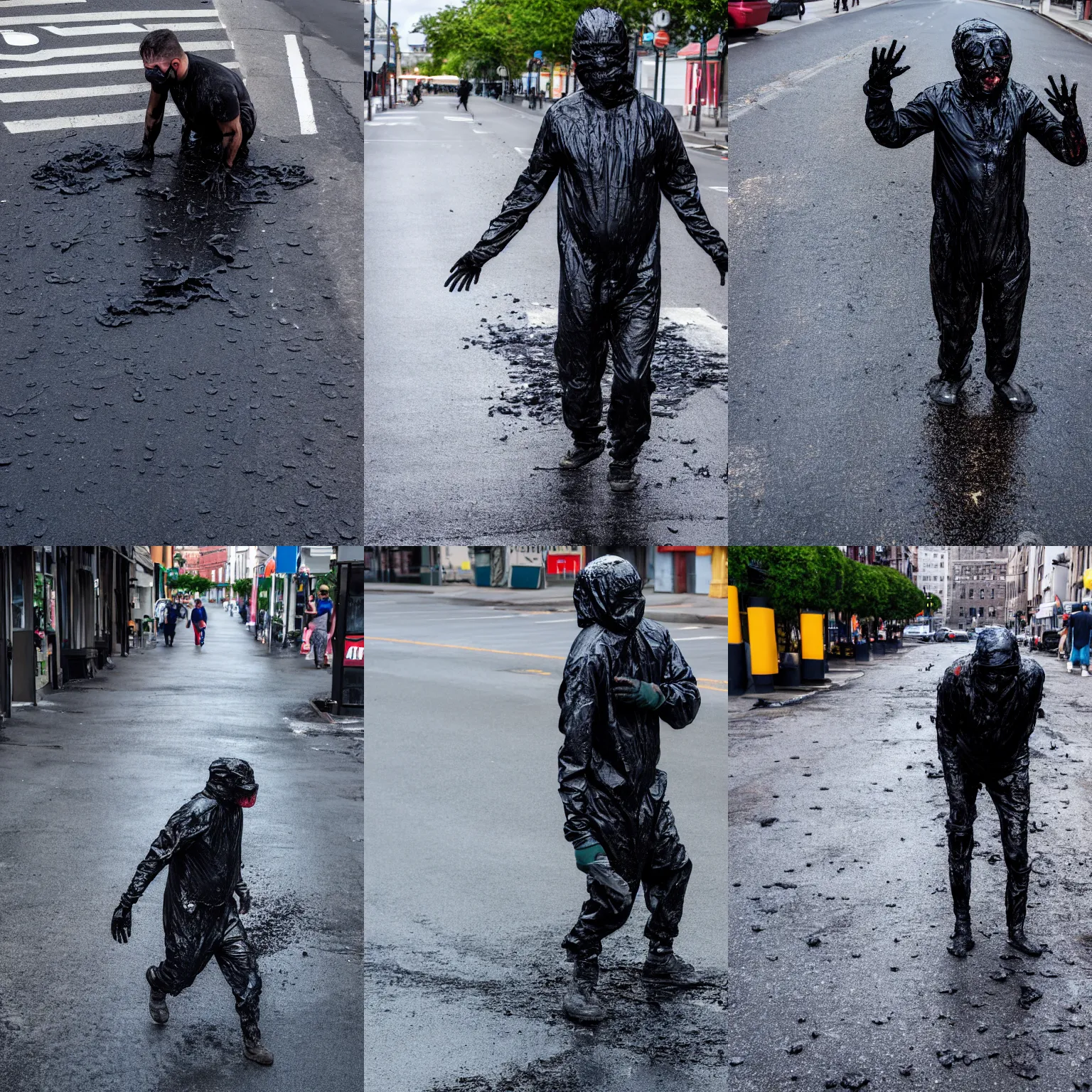 Prompt: photo of a man completely covered in tar walking down the street, 4k, HD, high quality,