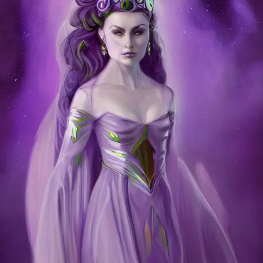 Prompt: alien princess, purple translucent skin, royalty, white crown, flowing gown, padme amidala, art station, concept art, 8k