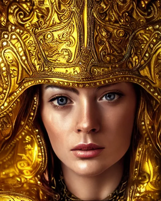 Image similar to oil painting portrait of woman in shining golden armor, high production value, intricate details, high resolution, hdr, high definition, masterpiece, realistic, ultrarealistic, highly detailed, hd, sharp focus, non blurry, sharp, smooth