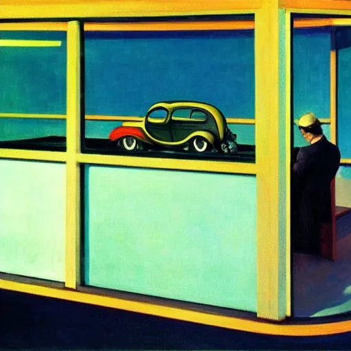 Prompt: edward hopper dreaming electric car