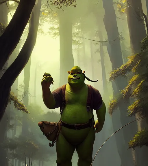 Image similar to Highly detailed portrait of shrek in GTA V, Stephen Bliss, unreal engine, fantasy art by Greg Rutkowski, Loish, Rhads, ferdinand knab, Makoto Shinkai and Lois van baarle, ilya kuvshinov, rossdraws, Tom Bagshaw, global illumination, radiant light, detailed and intricate environment