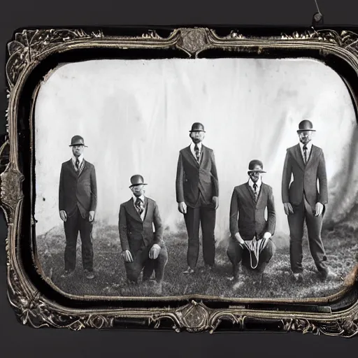 Prompt: tintype, photography, operators, in isolated suits, dissecting huge lovecraftian creatures