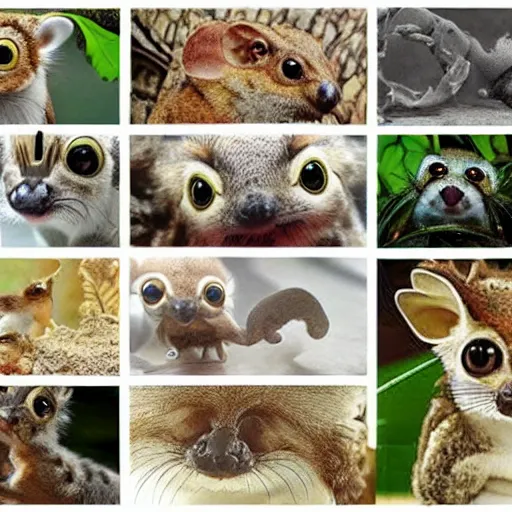 Image similar to Super cute animal combination of Margay, Gecko, Tarsier, Sugar glider, Sand cat, Bee hummingbird, Pygmy hippopotamus , Leafy sea dragon, Elephant Shrew, Klipspringer, Fennec Fox, Tawny frogmouth, Quetzal and Star-nosed mole