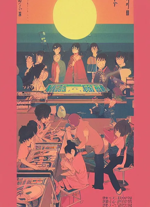 Prompt: an incredibly well designed dj party poster, risograph by kawase hasui, yoshiyuki sadamoto, tadayoshi yamamuro, jean giraud, studio ghibli, moebius and edward hopper, colorful flat surreal design, colorful flat surreal design, super detailed, a lot of tiny details, fullshot, isometric angles, xray hd, 8 k, artstation