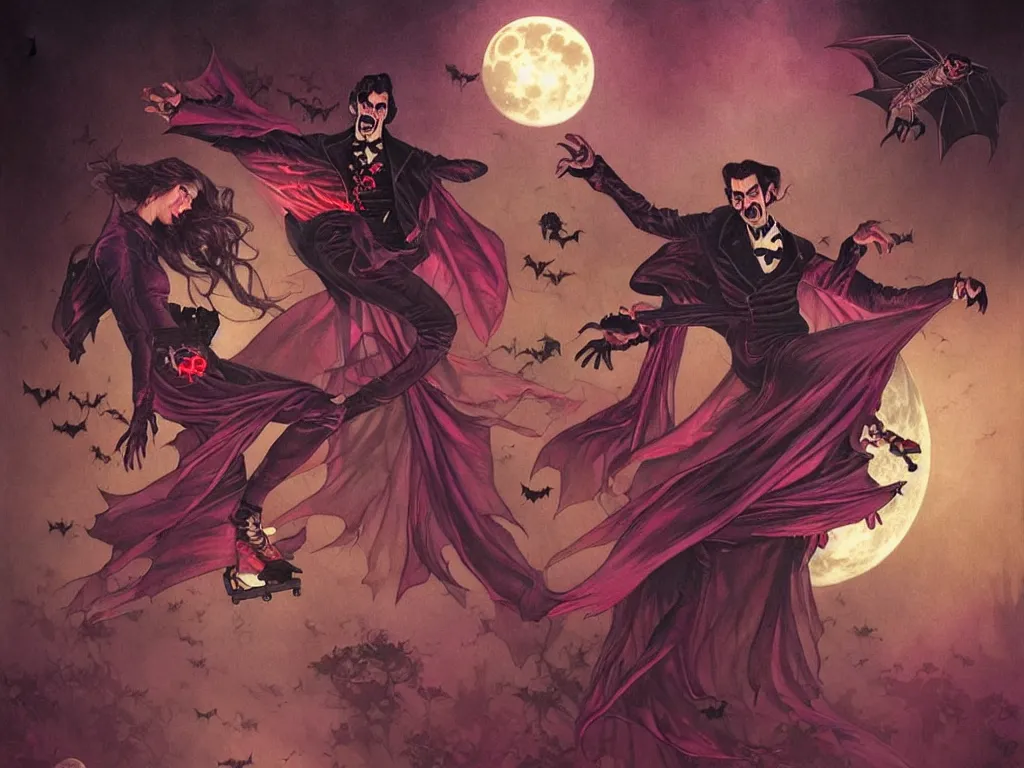 Prompt: dracula dancing on roller skates surrounded by bats and a full moon in the style of american traditional tattoo, neon, cyberpunk, stunning, highly detailed, digital painting, smooth, soft focus, digital art from artstation by artgerm and greg rutkowski and alphonse mucha