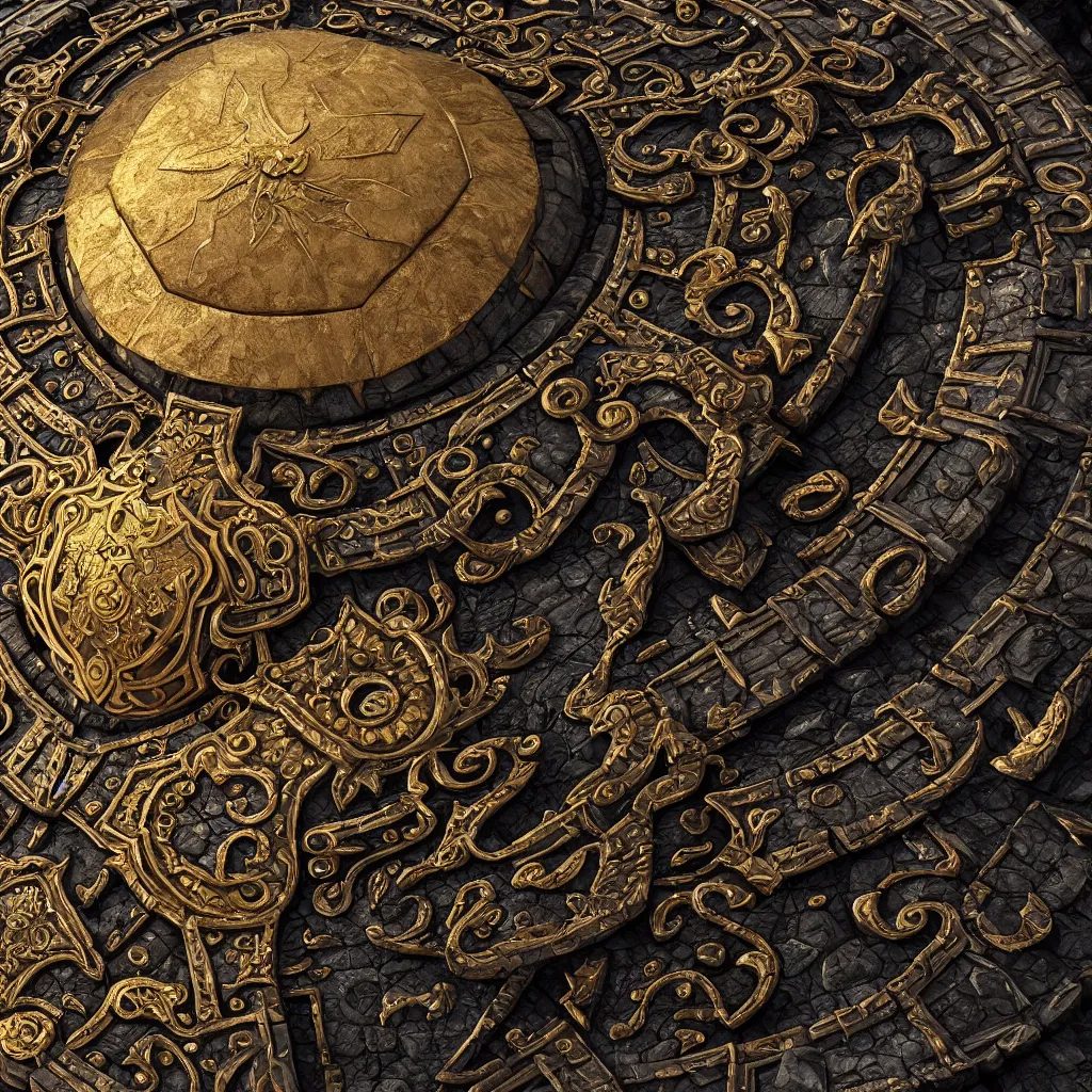 Image similar to ornate and detailed round battle shield made of lava rock, focused shot, gold and obsidian colors, dungeons and dragons themed, 4 k octane digital render, unreal engine 5, styled by greg rutkowski and android jones, extreme levels of detail