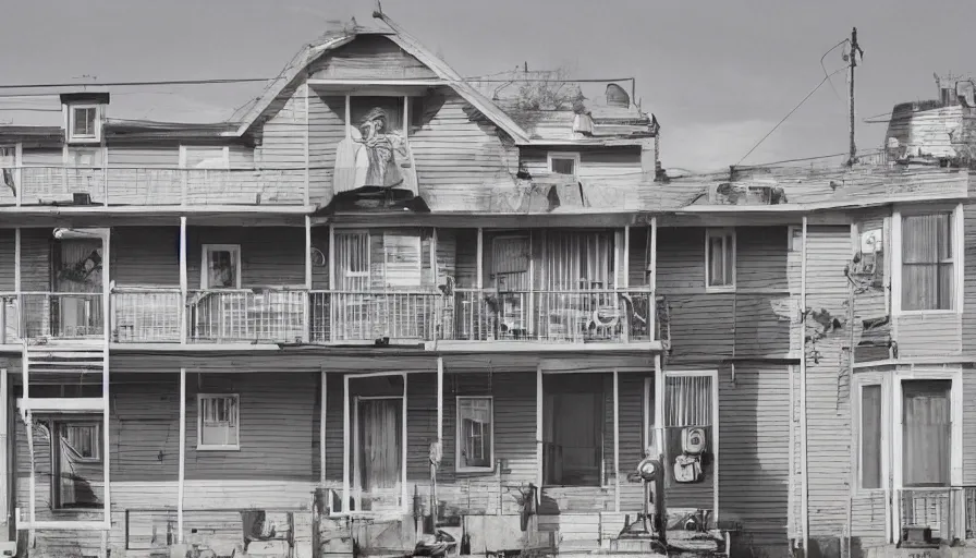 Prompt: in american cities, in modern times, there is a weird rental house with four floors high and a water tank on the roof. the color of the picture is gray and the painting style is retro