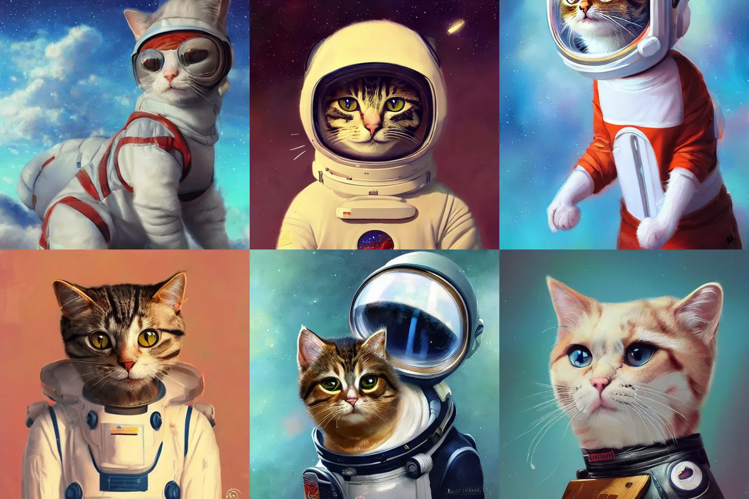 Image similar to head and shoulders masterpiece portrait of a cute adorable cat wearing a spacesuit, surreal background, digital art by Krenz Cushart, trending on artstation, cgsociety,