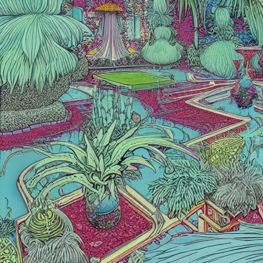 Prompt: fluffy 🏩 death ornate powerscourt estate garden, pastiche by moebius, pastiche by roger dean, precise and intricate linework, art nouveau cosmic 4 k detailed matte illustration trending on cgsociety, cgsociety, linen and aqua color scheme