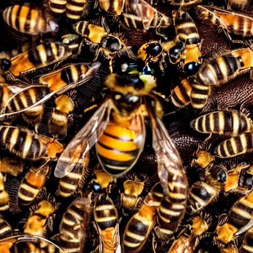 Prompt: macro photography of a queen bee and her colony