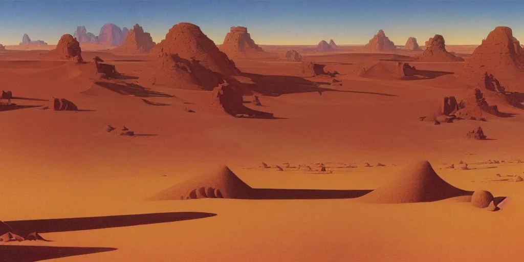 Prompt: desert ， 4 k resolution, ultra wide angle, by ralph mcquarrie and frank lloyd frank lloyd and bruce pennington and ted nasmith