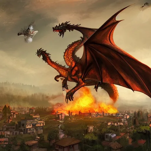 Prompt: a large dragon flying above a mid century village and blowing fire and waste to the buildings below. Moody paining trending on artstation