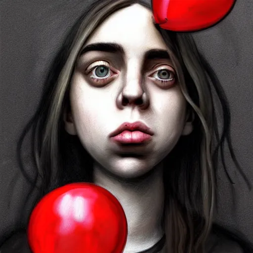 Image similar to surrealism grunge cartoon portrait sketch of billie eilish with a wide smile and a red balloon by - michael karcz, loony toons style, mona lisa style, horror theme, detailed, elegant, intricate