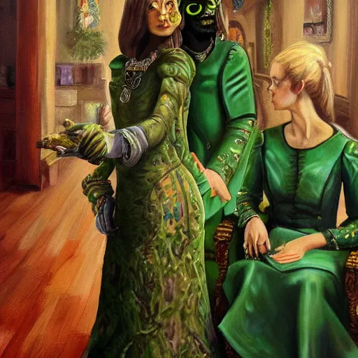 Prompt: a highly detailed painting. Beautiful twin sisters are being looked at by the musician Prince. He is green with jealousy. Trending on Artstation.