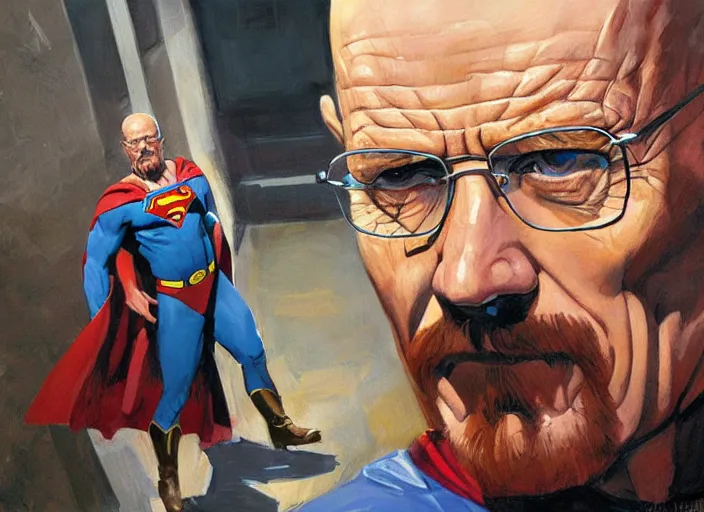 Prompt: a highly detailed beautiful portrait of walter white as superman, by gregory manchess, james gurney, james jean