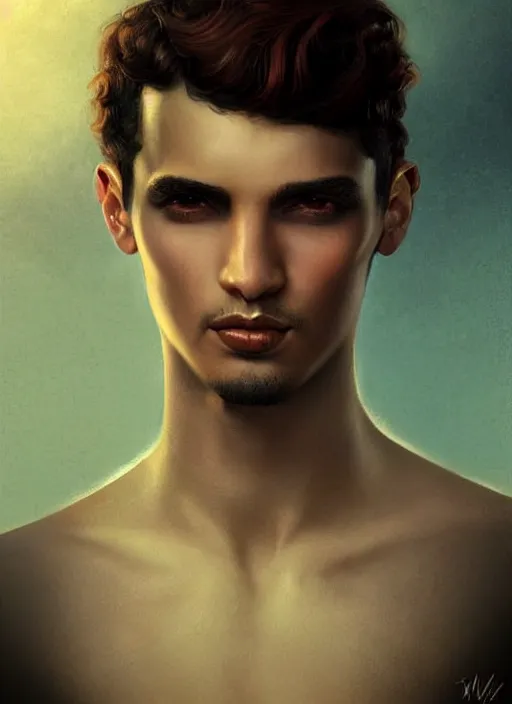Prompt: a magical portrait of a handsome brazilian male gang member with dark brown eyes and short black hair, art by manuel sanjulian and tom bagshaw