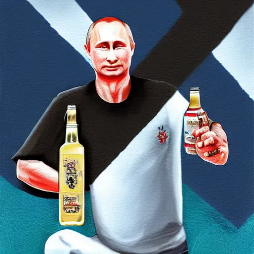 Prompt: putin holding a bottle of israeli arak, cinematic, beautiful digital painting, hyper detailed