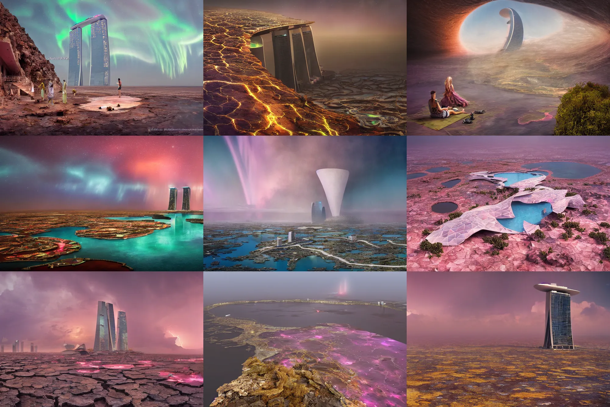 Prompt: marina bay sands skyscraper on danakil depression of the place with acid pools in mount roraima during autumn season on an interstellar aurora borealis with heavy thunder and lightning, pink waterfalls, by peter mohrbacher, james jean, james gilleard, greg rutkowski, vincent di fate, rule of thirds, octane render, beautiful landscape