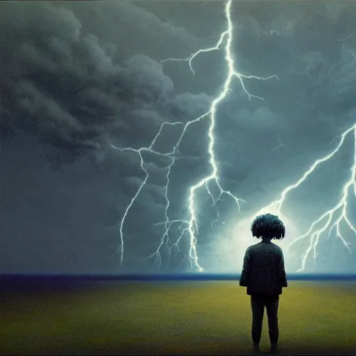 Image similar to killua zoldyck made by zdzisław beksinski, thunderstorm, lighting,, 8 k, detailed, high quality, 8 k