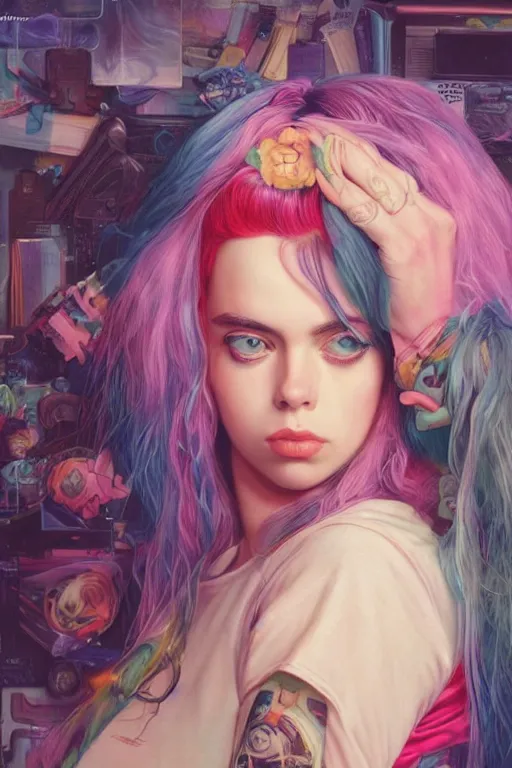 Image similar to billie eilish portrait of a vaporwave girl in a cluttered 9 0 s bedroom, by artgerm, tom bagshaw, gerald brom, vaporwave!, vaporwave colors!, symetrical, 4 k, lo fi colors, lo fi, 4 k, hd,