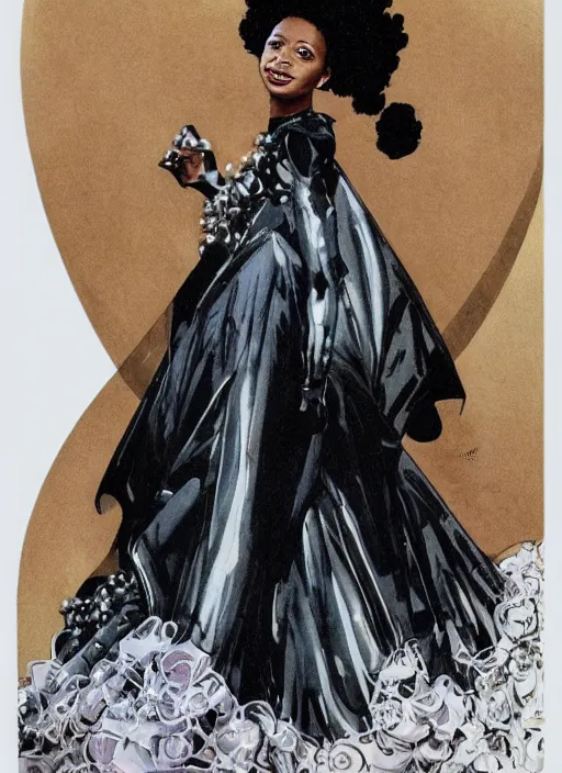 Prompt: a copic maker art nouveau portrait of a black girl detailed features wearing futuristic wedding dress with a puffy skirt designed by balenciaga by john berkey, norman rockwell akihiko yoshida
