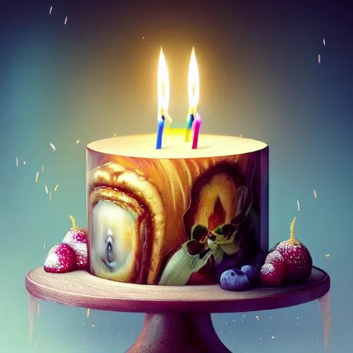 Image similar to beautiful centered in frame food photography of a delicious looking candle lit birthday cake ; crisp sharp focus ; ultra realistic, concept art, intricate details, pastry cream, highly detailed, photorealistic, octane render, 8 k, unreal engine. art by artgerm and greg rutkowski and charlie bowater and magali villeneuve and alphonse mucha