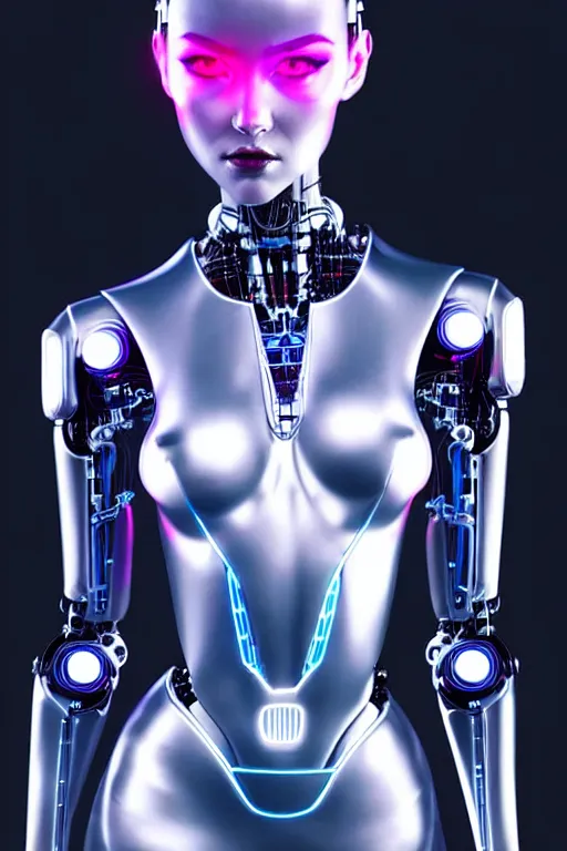 Image similar to a stunning robot woman with cybernetic enhancements, wires, led lights, glowing lights, futuristic, by artgerm and wlop and bosch