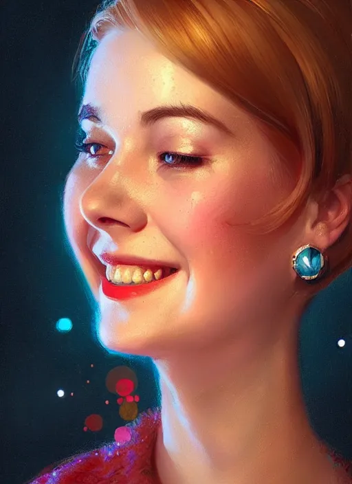 Prompt: portrait of betty cooper, smiling kindly, bangs, 1 9 6 0 s, intricate, elegant, glowing lights, highly detailed, digital painting, artstation, concept art, smooth, sharp focus, illustration, art by wlop, mars ravelo and greg rutkowski