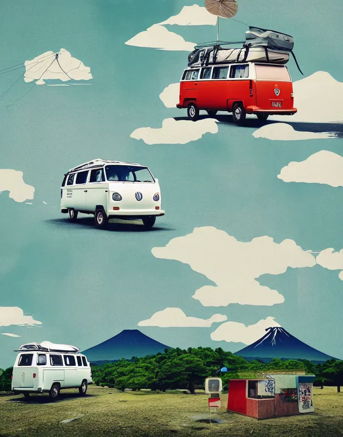 Prompt: vw camper touring rural japan, a collage painting, in the style of wes anderson, lola dupre, david hockney, isolated on negative white space background dark monochrome fluorescent spraypaint accents volumetric octane render, no double figure