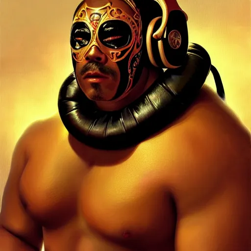 Image similar to portrait of lucha libre dj, muscular, headphones, thick golden ring around the neck, fantasy, intricate, elegant, highly detailed, digital painting, artstation, concept art, smooth, sharp focus, illustration, art by artgerm and greg rutkowski and alphonse mucha