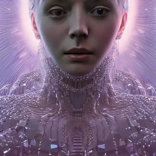 Prompt: Woman's portrait, crystals, Crystal face, shiny, flat background, glowing, wires everywhere, by Edgar Maxence and Ross Tran, Zdzisław Beksiński, and Michael Whelan, distant, gustav dore, H.R. Giger, 8k, octane render