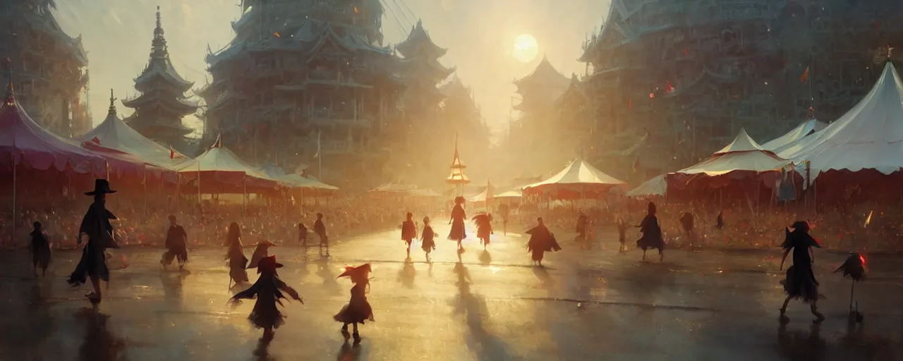 Prompt: young witches running around exploring small town carnival amusement, food stalls, big top circus tent, highly detailed, magical, japan, digital painting, concept art, matte, art by ruan jia and wlop and greg rutkowski and makoto shinkai, masterpiece