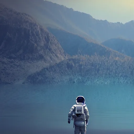 Image similar to ultra-realistic octane render of astronaut standing in the water of Lake Baikal and looking at the mountains. Trending on artstation